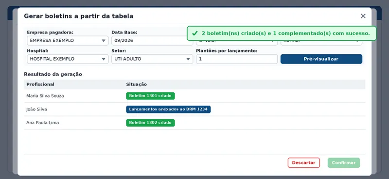 La vista previa muestra, por profesional, si el importe abre un comprobante nuevo o complementa uno existente.