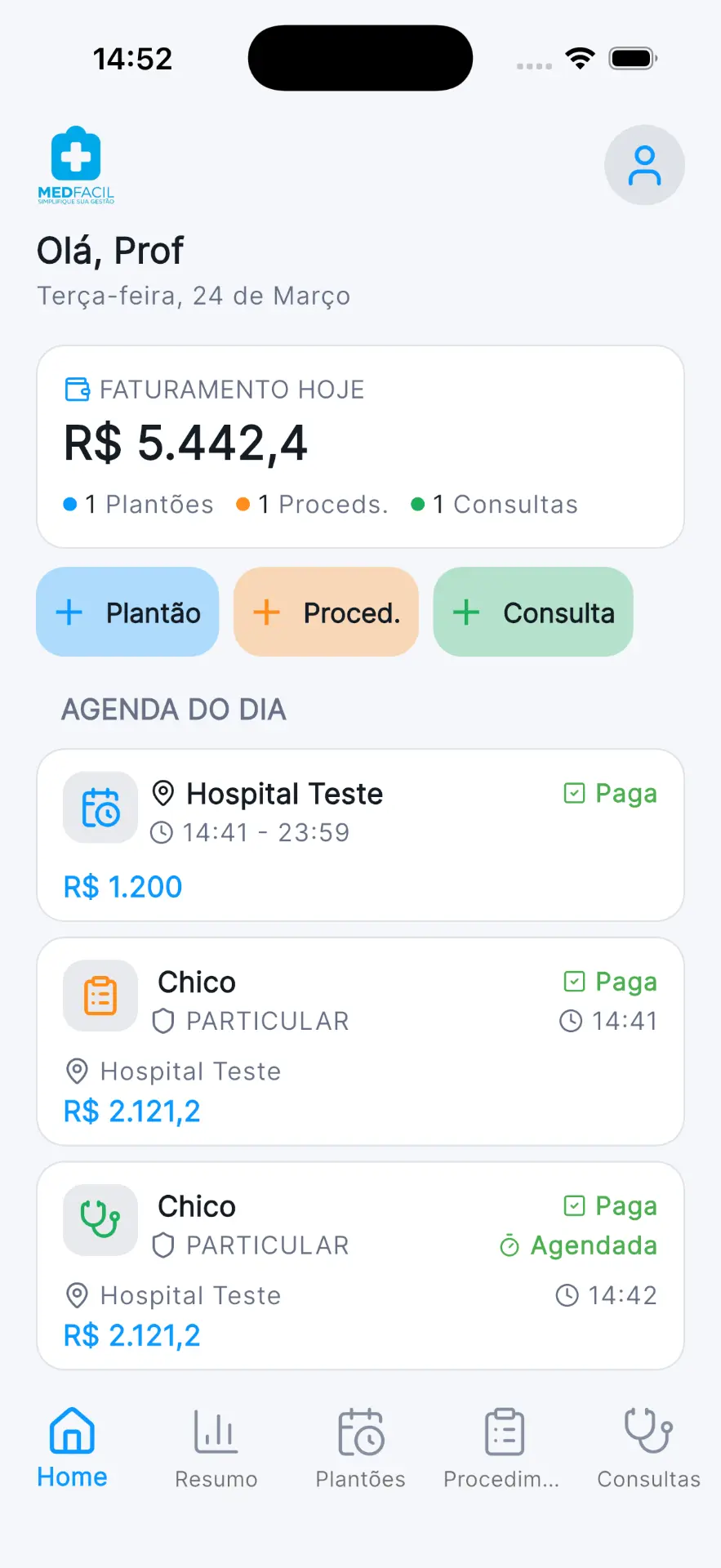 Tela principal com agenda do dia