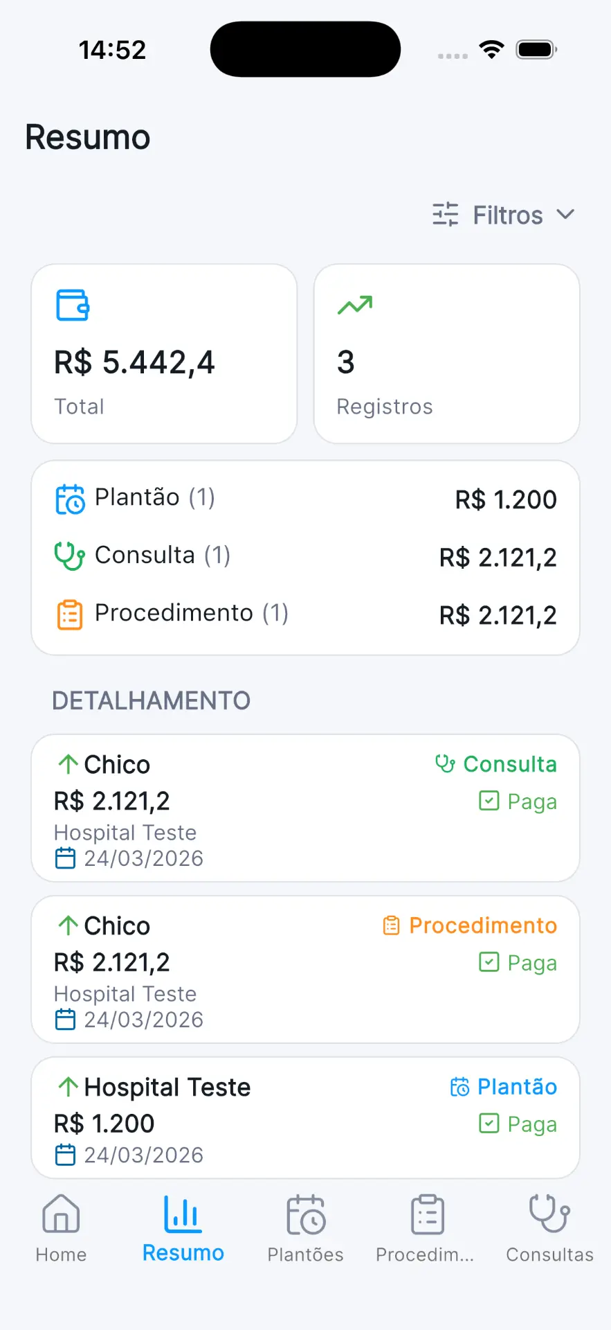 Resumo financeiro mensal