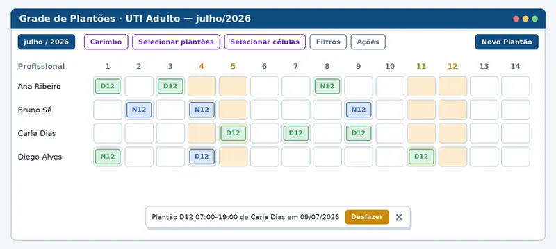 Montagem da escala do mês: cada clique numa célula da grade cria o plantão, sem abrir formulário.