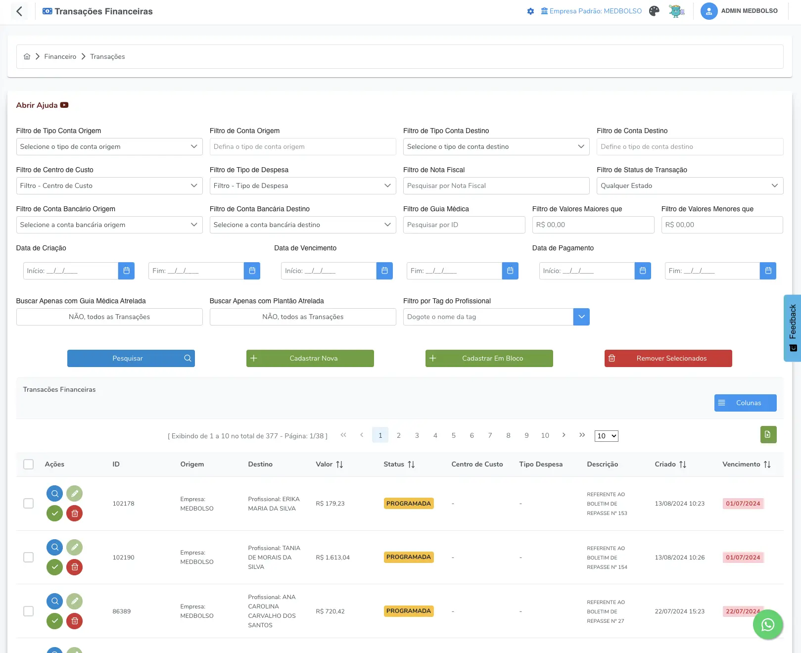 Dashboard financeiro Medbolso para gestão de faturamento médico
